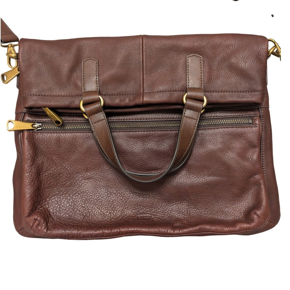 Fossil Explorer Tote Foldover Crossbody Brown Pebble Leather Messenger Bag Brass